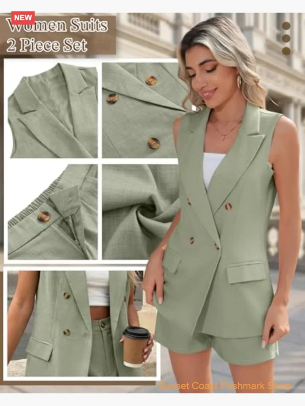 Women 2 Piece Set Sleeveless Button Vest and Elastic Waist Shorts Matching